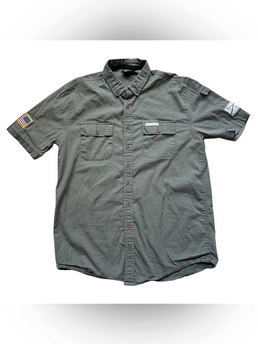 Grunt Style Men’s Tactical Utility Button Up Shirt Olive Green Military Patch L